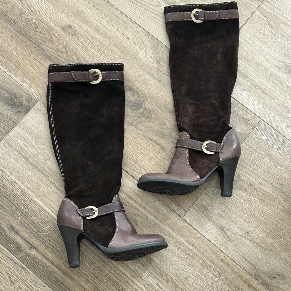 Relativity -  Brown Suede and Leather Buckle Mid-Calf Heeled Boots